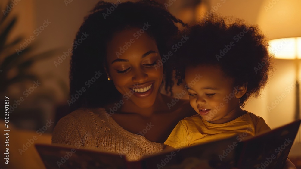 Mother reading a book to her child, warm indoor setting, joyful bonding moment. Mother reading a book to her child, warm indoor setting, joyful bonding moment.