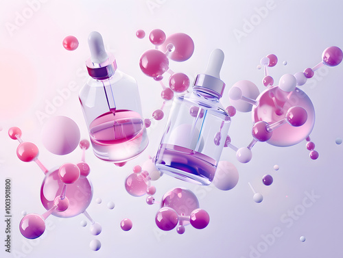 Revitalize your skincare routine with these elegant serum bottles surrounded by abstract molecular structures, showcasing blend of beauty and science