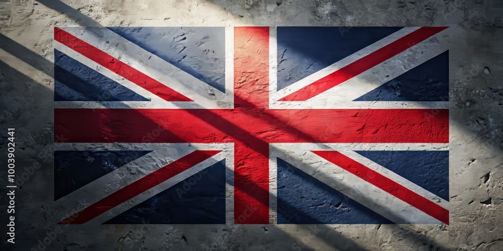 Fototapeta premium The Union Jack flag is displayed beautifully against a textured grey concrete backdrop, creating an interplay of