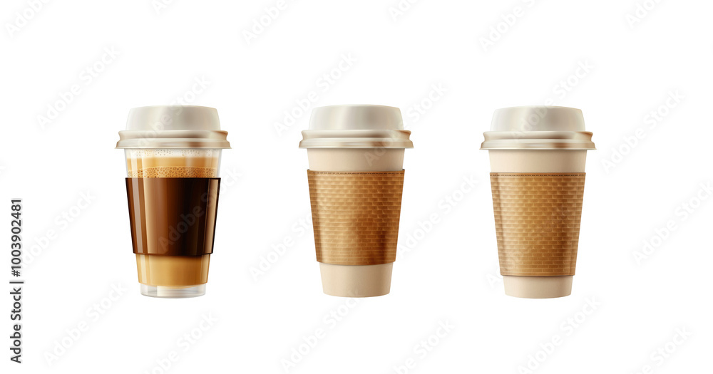 Set of takeaway coffee cups with lids and sleeves on transparent background Set of takeaway coffee cups with lids and sleeves on transparent background