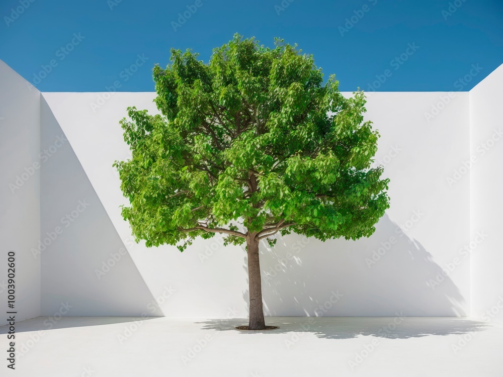 A solitary tree standing against a clear blue sky, enclosed in a yard with with a clean white background.