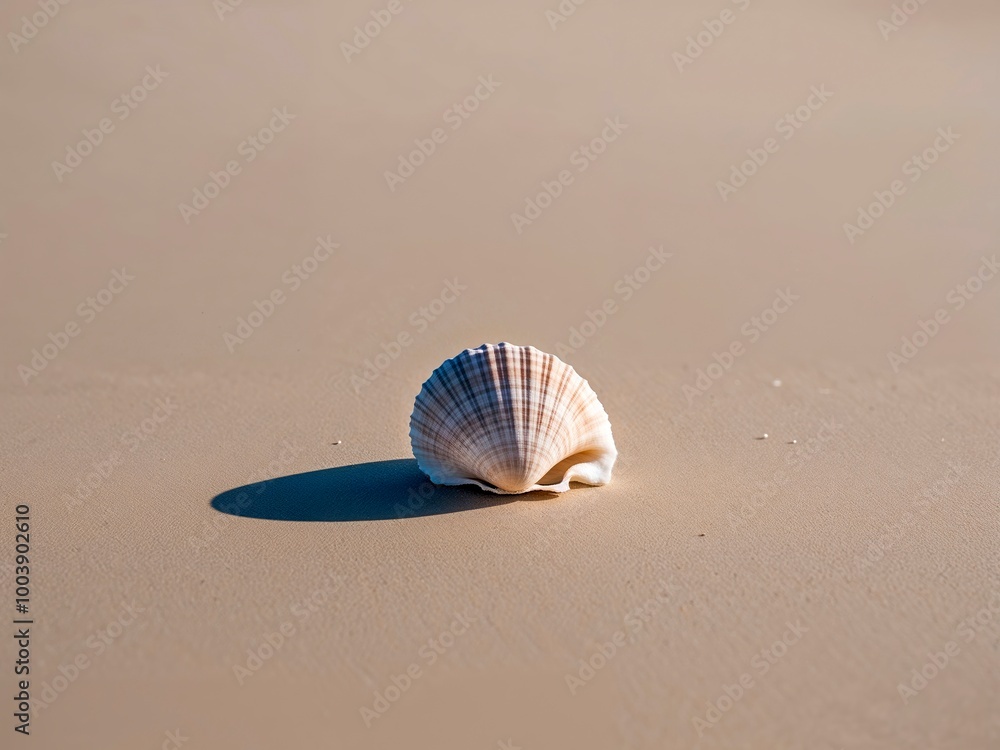 Single seashell resting on smooth, untouched sand. The seashell is small and delicately detailed, casting a faint shadow on the sand.