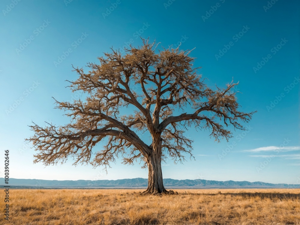 A solitary tree standing against a clear blue sky, in an open field. Tree appears old.