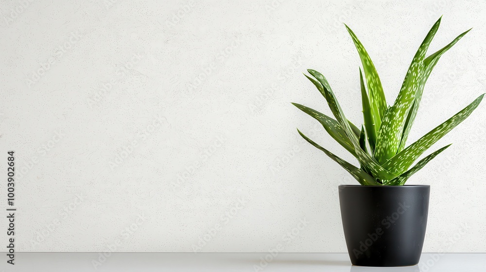 A vibrant green aloe vera plant in a black pot against a minimalist, textured white wall. A vibrant green aloe vera plant in a black pot against a minimalist, textured white wall.