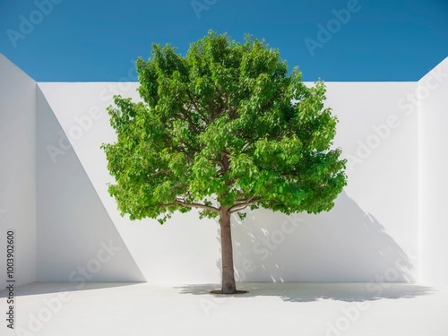 Obraz na płótnie A solitary tree standing against a clear blue sky, enclosed in a yard with with a clean white background. w salonie