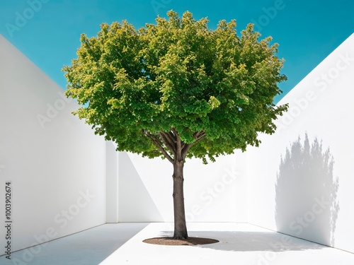 A solitary tree standing against a clear blue sky, enclosed in a yard with with a clean white background. 
