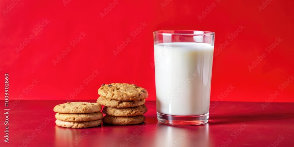 Glass of milk and cookies on a vibrant red background. Glass of milk and cookies on a vibrant red background.