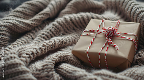 beautifully wrapped gift box tied with red and white string rests on cozy knitted blanket, evoking feelings of warmth and anticipation