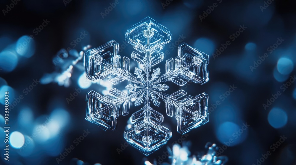 Close-up of a beautifully intricate snowflake, highlighted in stunning blue tones, showcasing nature's delicate winter beauty. Close-up of a beautifully intricate snowflake, highlighted in stunning blue tones, showcasing nature's delicate winter beauty.