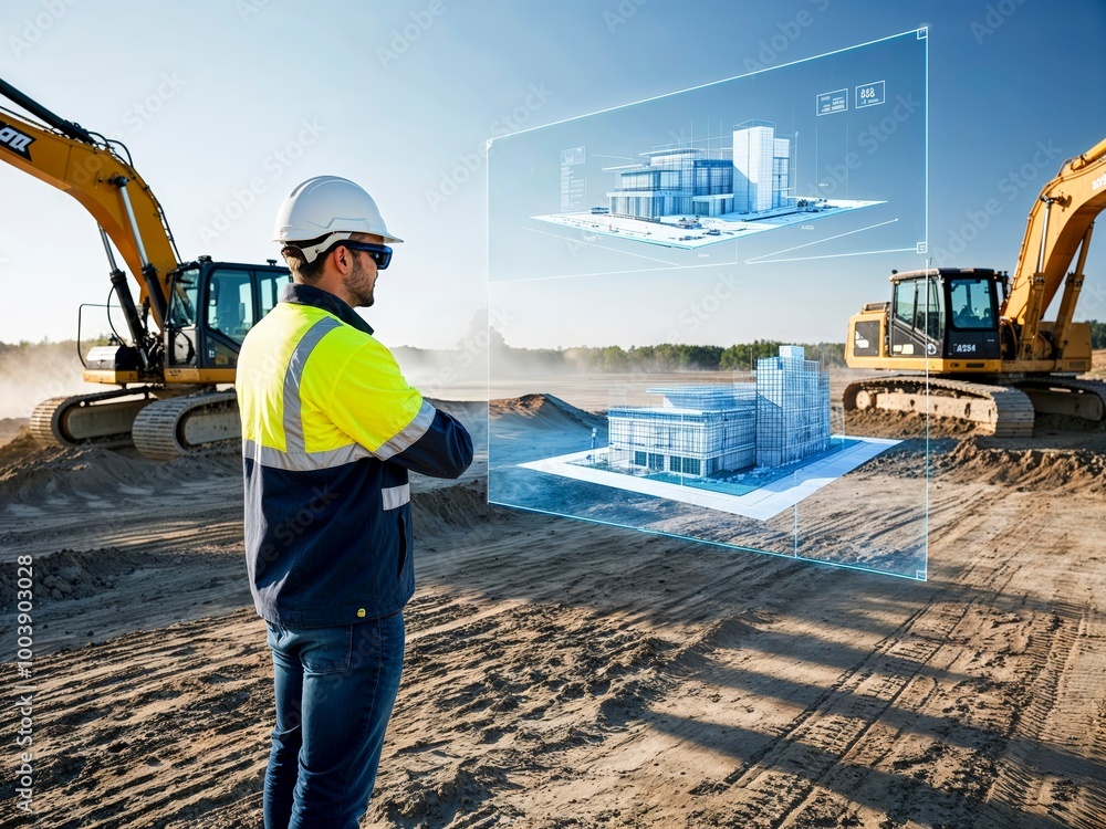 A construction worker in a remote area using augmented reality (AR) glasses to view blueprints of a building site.
