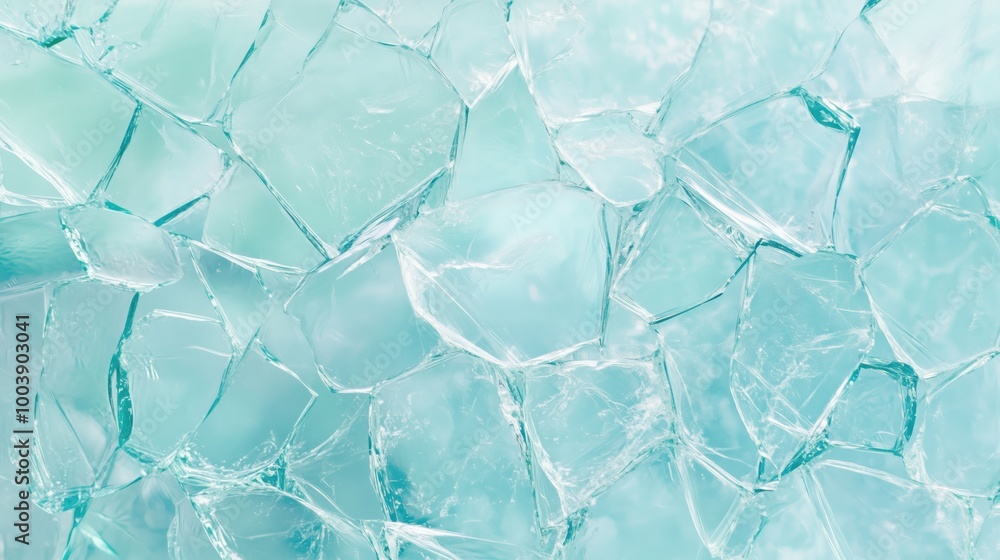 Fototapeta premium Broken glass texture background with sharp shards catches the light, imitation cracked ice layer. Glass shards texture blue turquoise color realistic shards and cracks