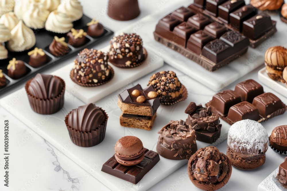 A high-end bakery with gourmet chocolates, pastries, and desserts arranged elegantly, Minimalist, Luxury A high-end bakery with gourmet chocolates, pastries, and desserts arranged elegantly, Minimalist, Luxury