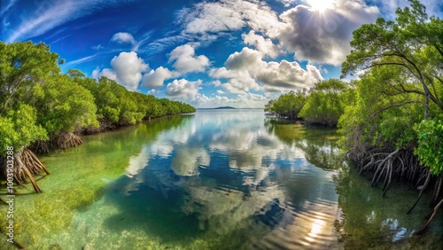 Lush mangrove forest meets tranquil ocean panorama fisheye