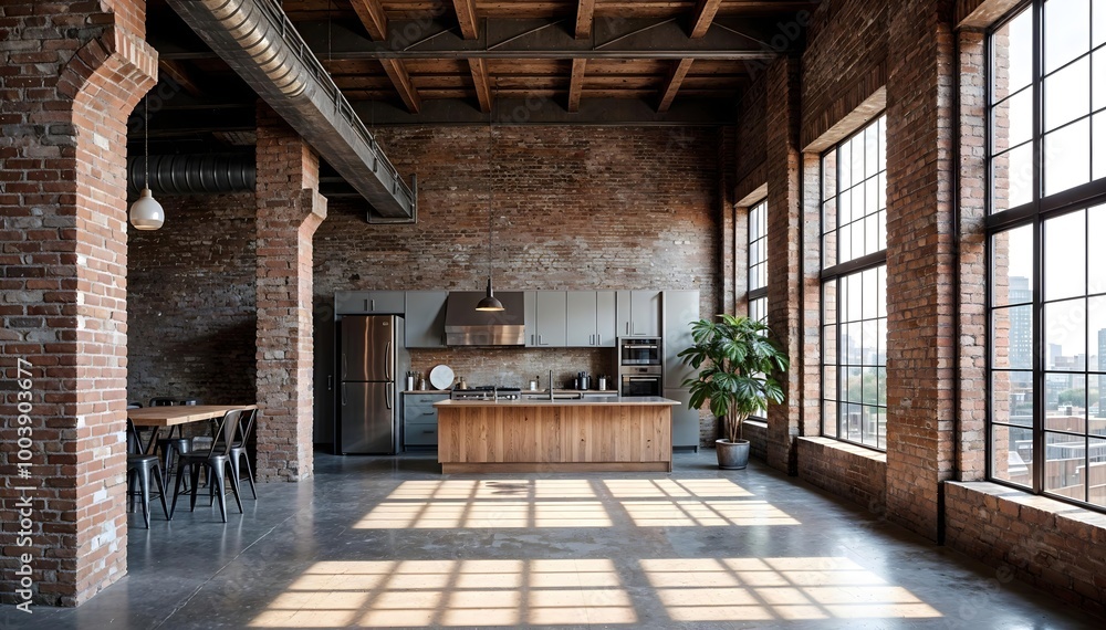 A industrial-style loft with exposed brick walls, metal accents, and large windows filling the space with light A industrial-style loft with exposed brick walls, metal accents, and large windows filling the space with light
