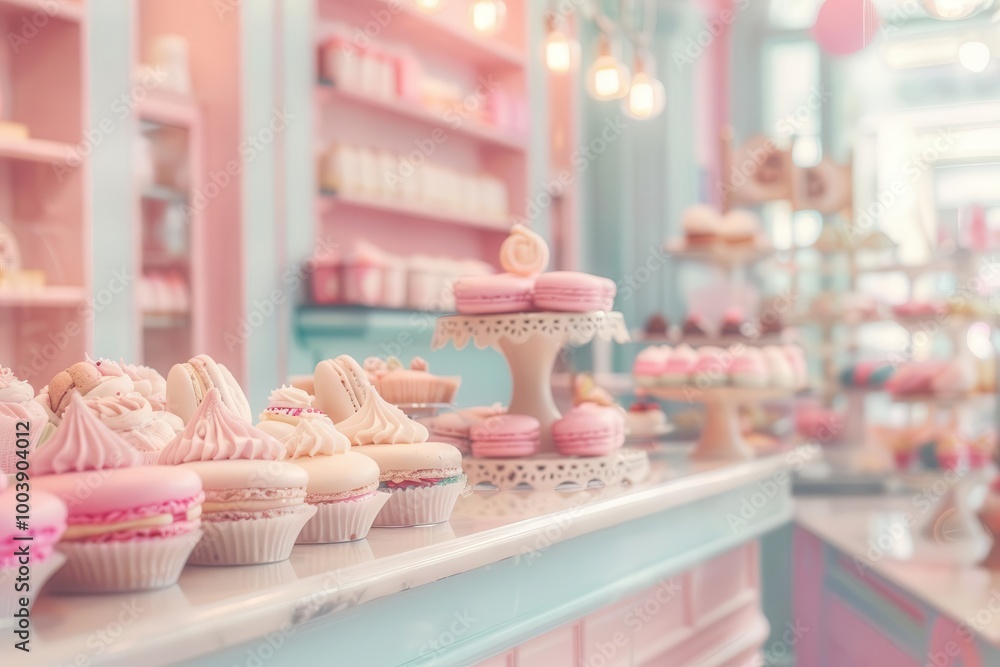 custom made wallpaper toronto digitalBrightly lit dessert shop with pastel-colored walls, macarons and cupcakes displayed elegantly, Whimsical, Pastel Tones