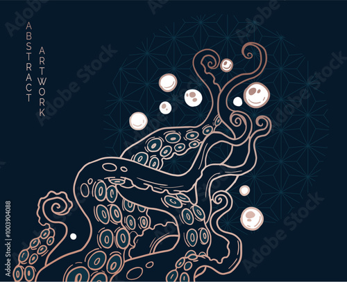 tentacles, graphic style. vlack and gold  colours and simple japanese style pattern	