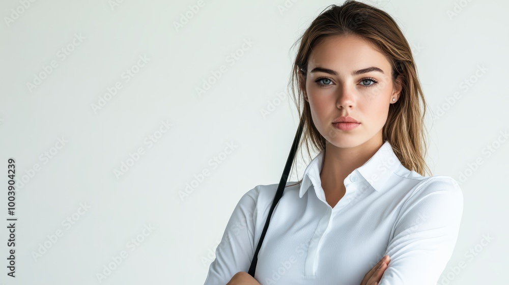 Corporate woman posing with a golf club on the green, fierce expression, businesswoman golf, determination and success Corporate woman posing with a golf club on the green, fierce expression, businesswoman golf, determination and success