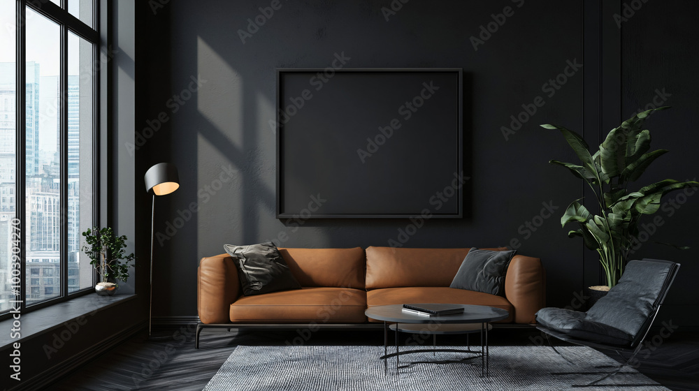 Dark, moody frame mock-up featured in a sleek contemporary living room, 3D render. Dark, moody frame mock-up featured in a sleek contemporary living room, 3D render.