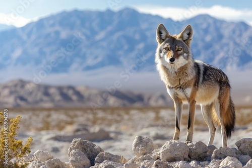 A coyote standing on a rock formation in a desert landscape with mountains in the background. photo