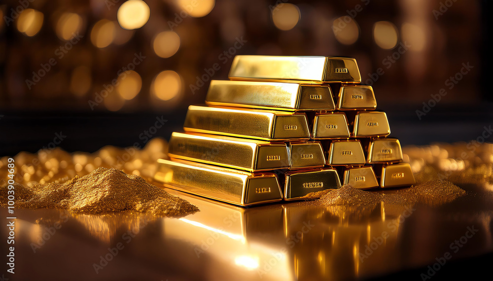 Stacks of shining gold bars with a luxurious golden background. Stacks of shining gold bars with a luxurious golden background.