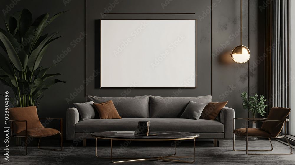 Dark, moody frame mock-up featured in a sleek contemporary living room, 3D render. Dark, moody frame mock-up featured in a sleek contemporary living room, 3D render.