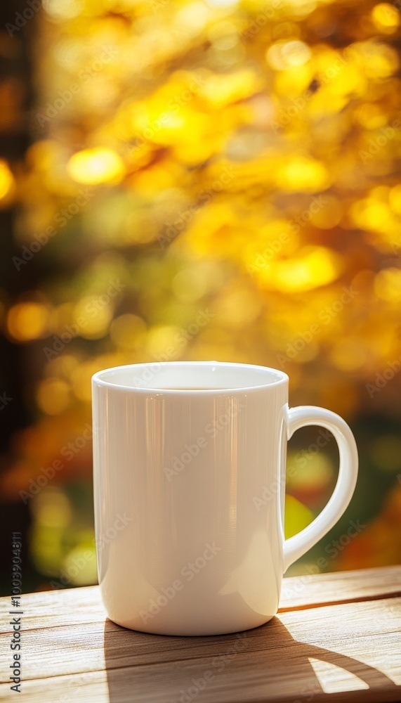 Warm White Coffee Mug on Rustic Wooden Table with Blurry Autumn Background, Perfect for Copy Space Warm White Coffee Mug on Rustic Wooden Table with Blurry Autumn Background, Perfect for Copy Space