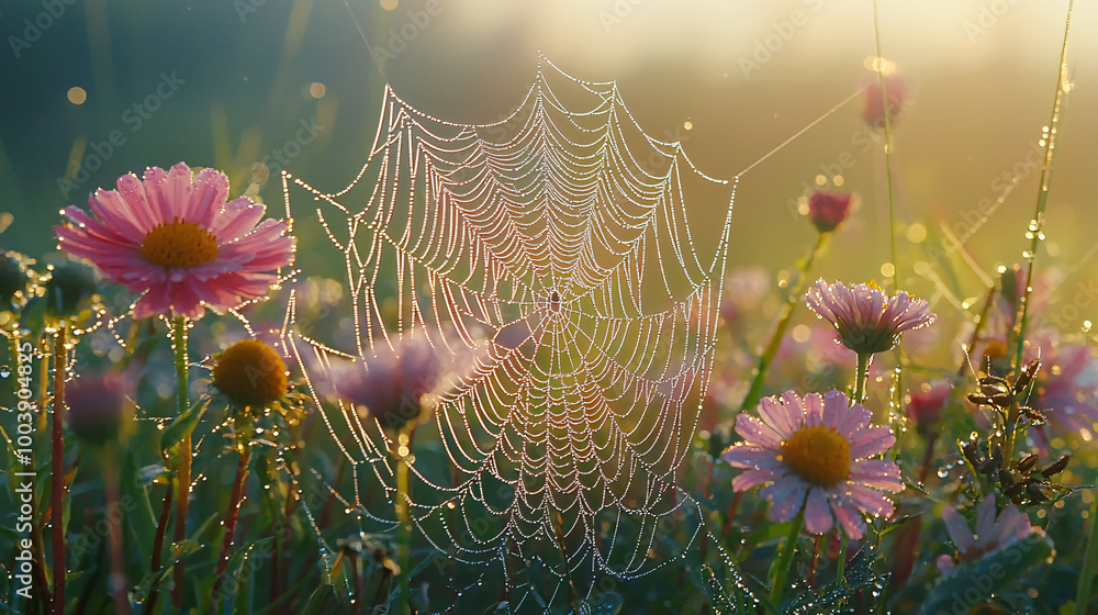 The photograph captures a dreamy landscape with intricate spider webs, vibrant orange wildflowers, thistles, and a soft bokeh background, capturing an ethereal atmosphere and nature detail. The photograph captures a dreamy landscape with intricate spider webs, vibrant orange wildflowers, thistles, and a soft bokeh background, capturing an ethereal atmosphere and nature detail.