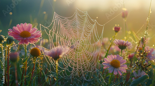 The photograph captures a dreamy landscape with intricate spider webs, vibrant orange wildflowers, thistles, and a soft bokeh background, capturing an ethereal atmosphere and nature detail.