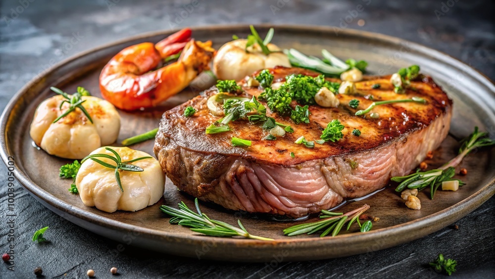 Juicy steak and shrimp on a gray plate meal Juicy steak and shrimp on a gray plate meal