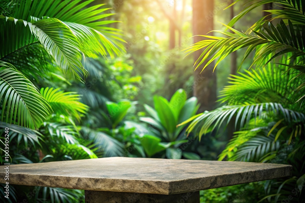 jungle and stone table background with a tilted angle created using technology jungle and stone table background with a tilted angle created using technology