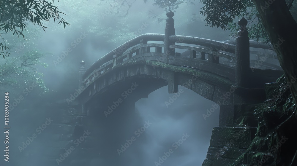 Fototapeta premium Dark Myth of Japan: Haunted Bridge in Mist with Eerie Whispers