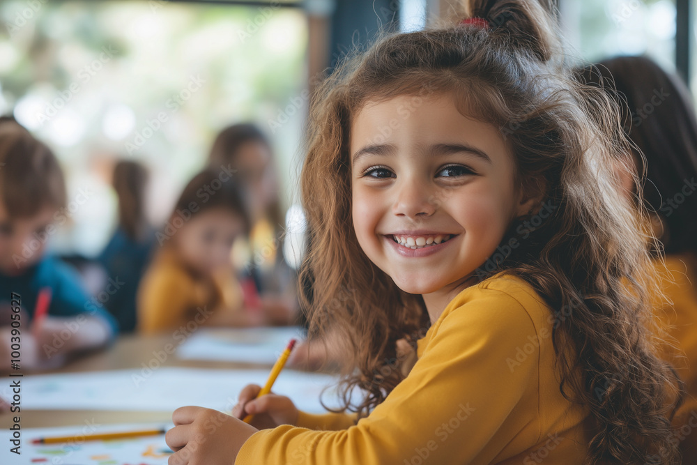 Smiling young Caucasian girl in a classroom drawing with crayons ...