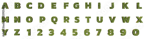 3D render of Green alphabet A-Z font letters and number isolated on transparent background. High resolution