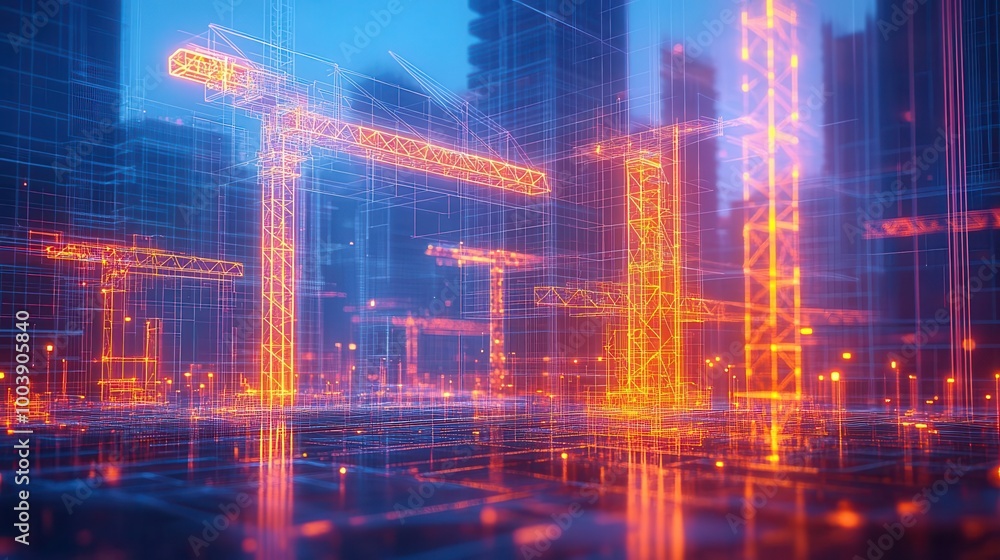 Bridge construction in a futuristic city with glowing holographic blueprints and neon-lit cranes  Futuristic  Neon  High Detail