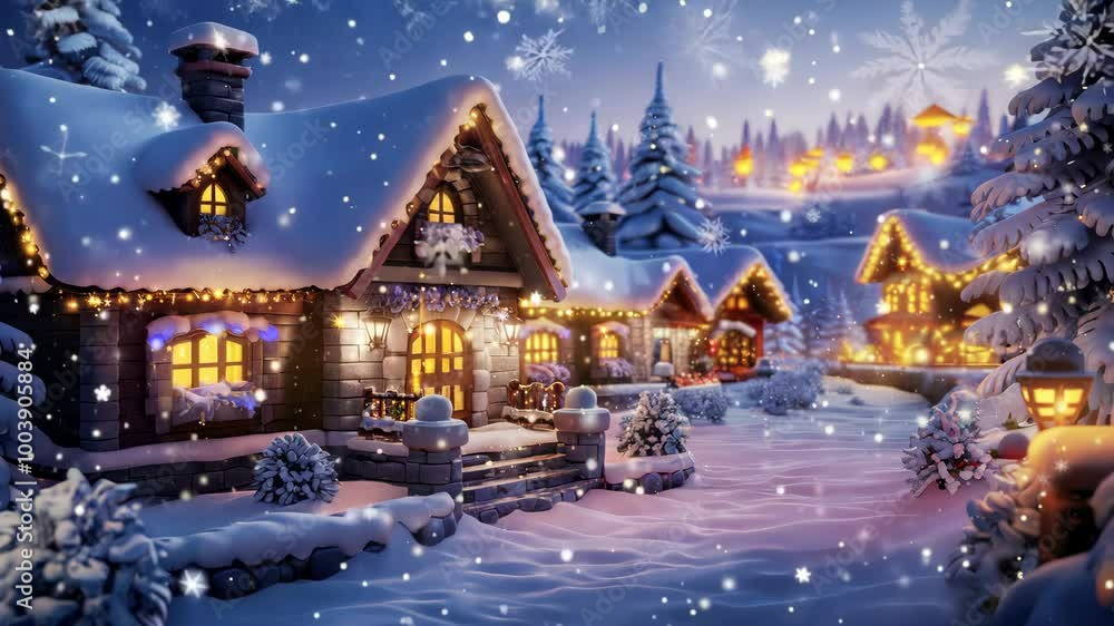 Peaceful Snowy Christmas Village with Twinkling Lights and Falling Snow Peaceful Snowy Christmas Village with Twinkling Lights and Falling Snow