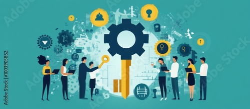 Business people collaborate to unlock the potential of a large gear, representing growth and success.