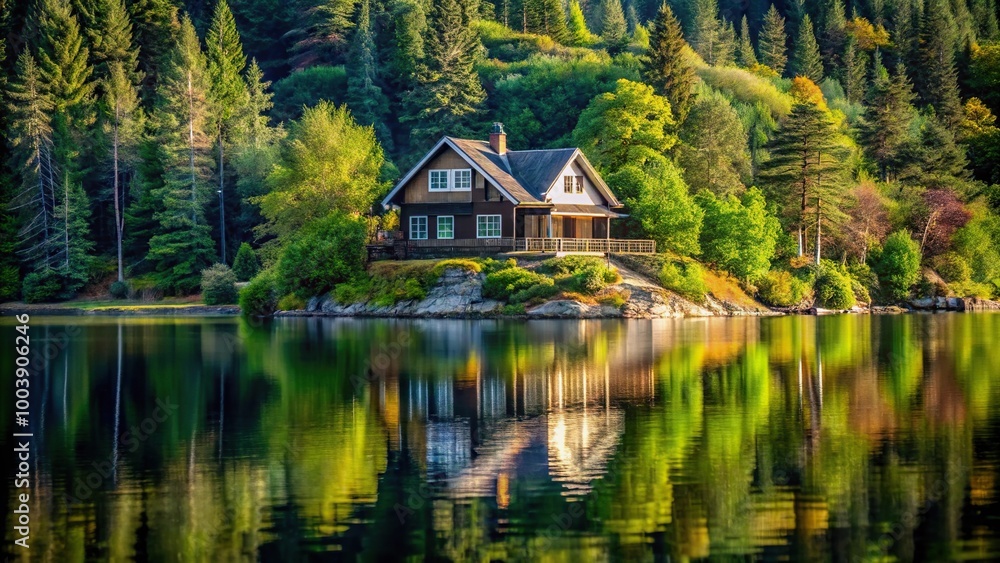 Lakeside house nestled in forested hillside