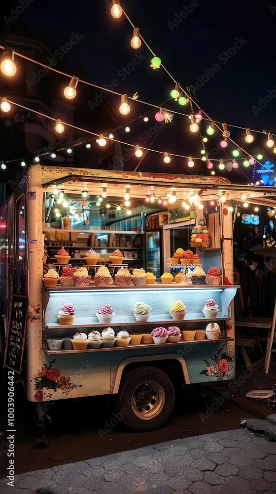Obraz premium Outdoor dessert truck at a city fair, selling ice cream and cupcakes under string lights, Urban, Night Scene