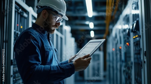 Engineer monitoring telecommunications systems using a tablet computer