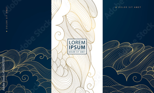 Vector set of elegant glitter sea fames, luxury art deco wave covers, modern white and blue golden illustrations. Fancy wine package, ocean posters