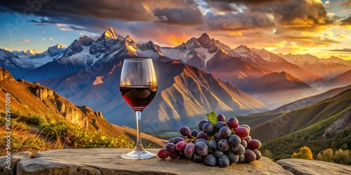 Landscape view of the Andes mountains during sunset with glass of red wine and grapes