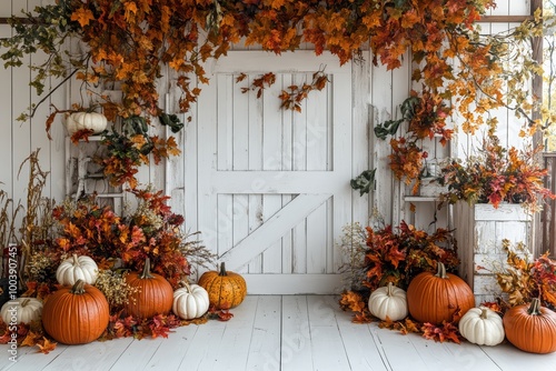 Autumn-Themed Photography Backdrop with Pumpkins and Ivy