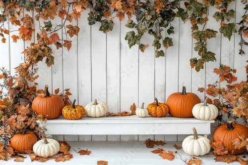 Autumn-Themed Photography Backdrop with Pumpkins and Ivy