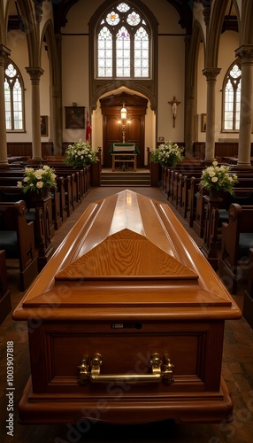 Wooden casket in solemn atmosphere with mourners' chairs and flowers in a church hall