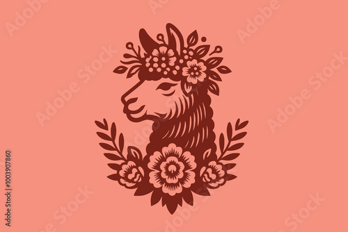 Beautiful llama in a flower wreath. Simple vector illustration in pink and red colors. Emblem, logo, print