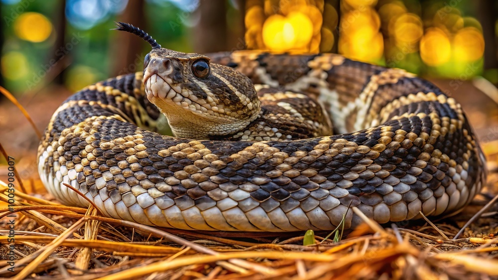 Fototapeta premium Large Eastern Diamondback rattlesnake in pine needles