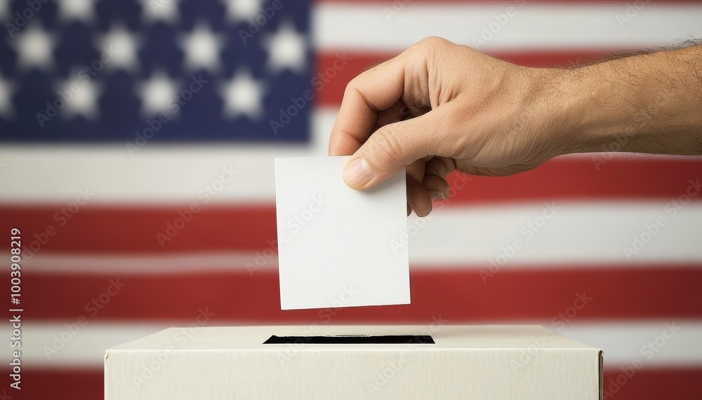 Hand casting vote in ballot box against United States flag, concept for election day, democracy. Hand casting vote in ballot box against United States flag, concept for election day, democracy.