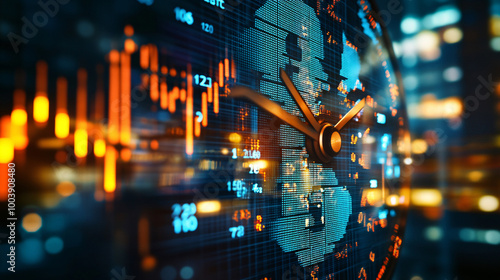 Global Stock Market Clock with City Lights Background