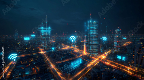 Wallpaper Mural Futuristic Smart City Night Lights and Wi-Fi Signals Torontodigital.ca