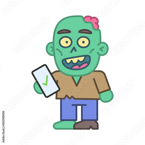 Zombie holds smartphone and smiles